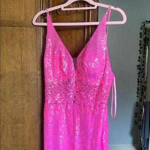 Pink prom dress with slit and tie up back